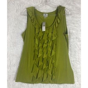 Worthington Top Green Blouse Sz L Ruffled Round Neck Sleeveless Front Ruffle NWT